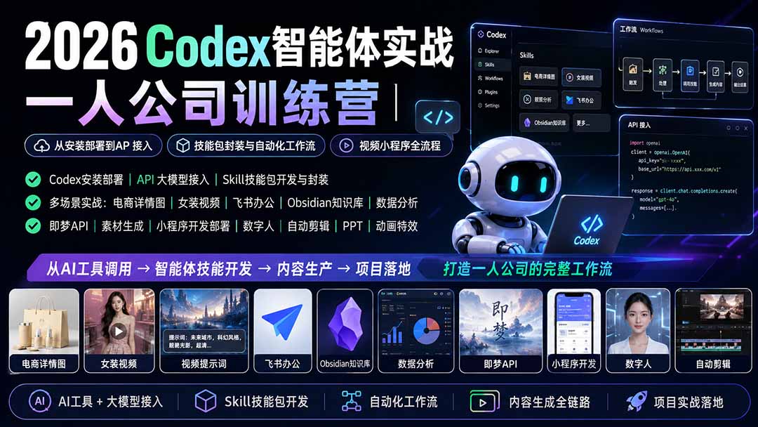 （19876期）2026Codex智能体实战｜一人公司训练营｜从安装部署到API接入｜技能包封装与自动化工作流｜视频小程序全流程-翌晨科技网