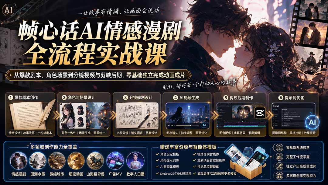 （20036期）帧心话AI情感漫剧全流程实战课：从爆款剧本、角色场景到分镜视频与剪映后期，零基础独立完成动画成片-翌晨科技网