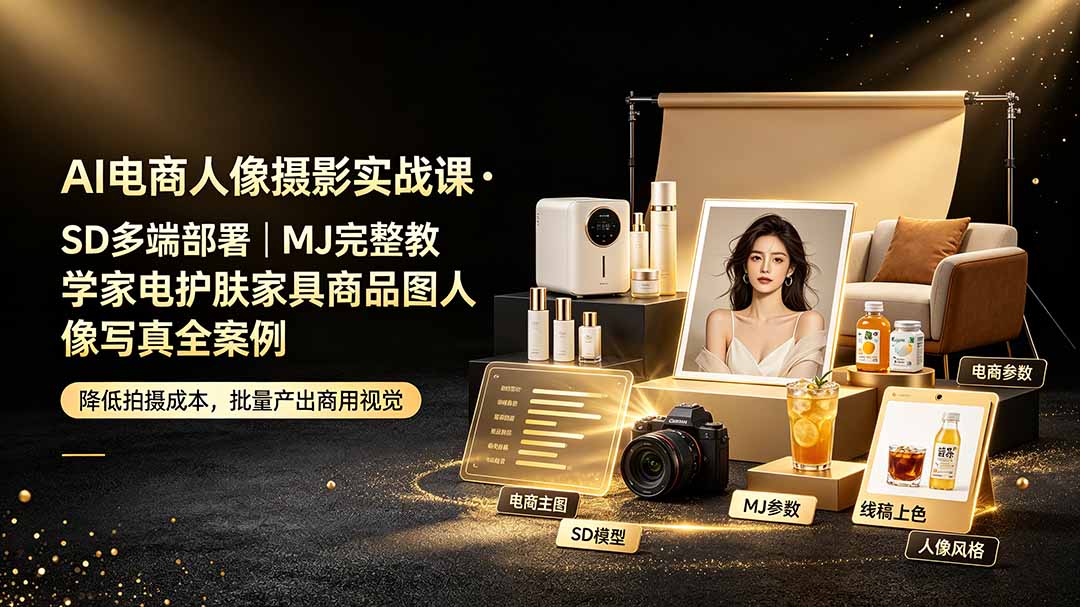 （19262期）AI电商人像摄影实战课·SD多端部署｜MJ完整教学｜家电护肤家具商品图人像写真全案例-翌晨科技网