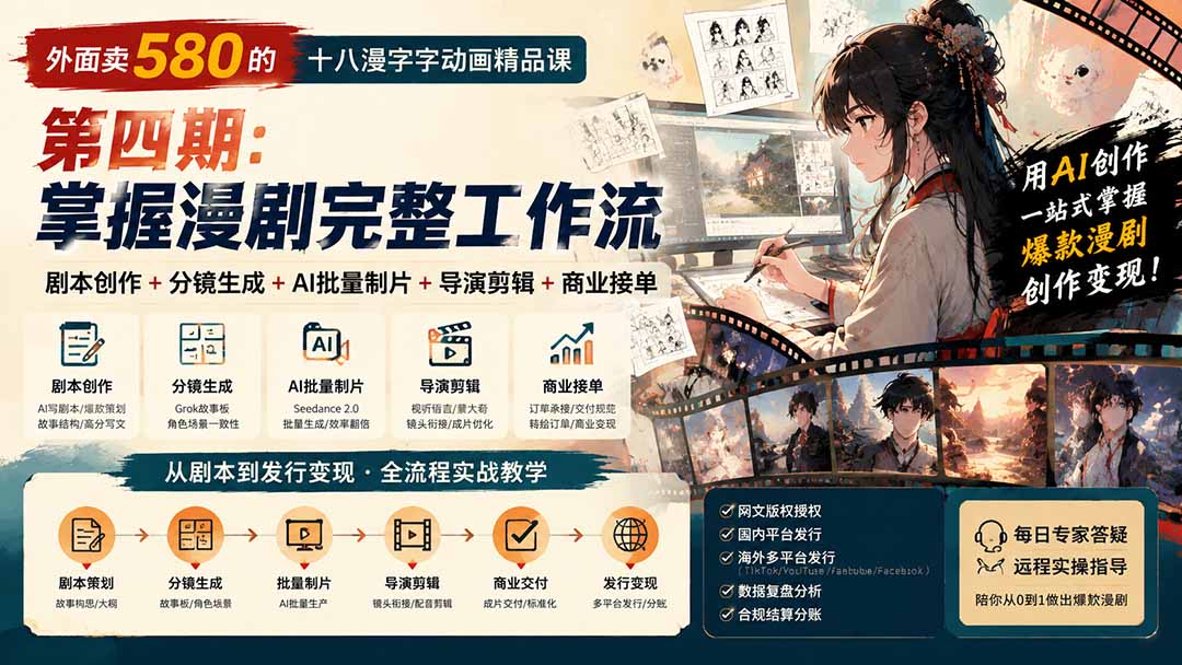 （20075期）外面卖580的十八漫字字动画精品课-第四期：剧本创作+分镜生成+AI批量制片+导演剪辑+商业接单，掌握漫剧完整工作流-翌晨科技网