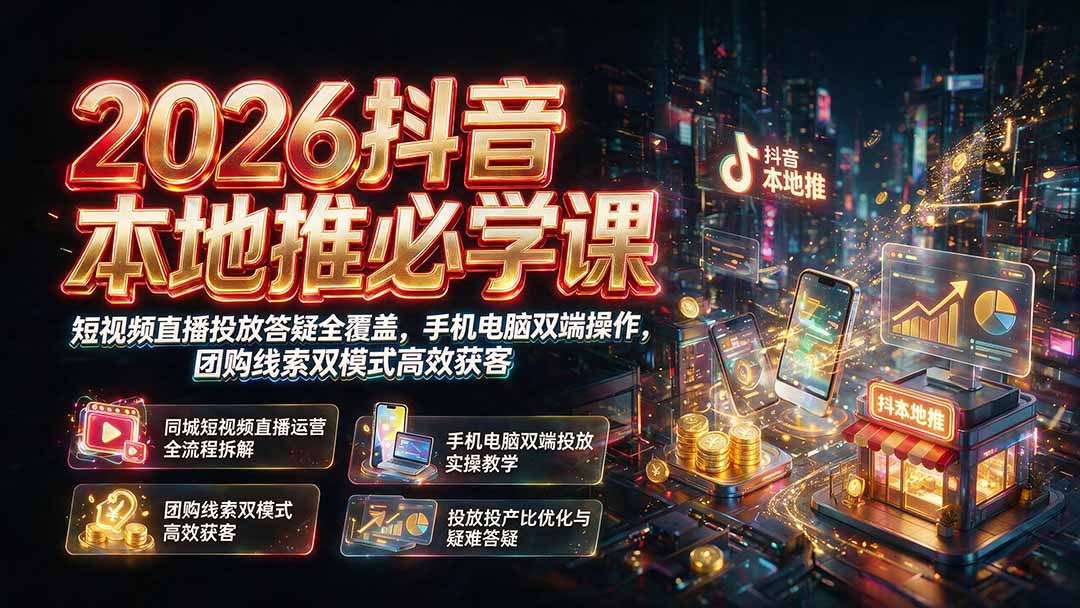（19618期）2026抖音本地推必学课｜短视频直播投放答疑全覆盖，手机电脑双端操作，团购线索双模式高效获客-翌晨科技网