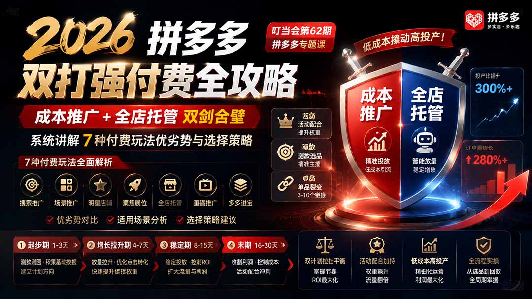 （19741期）2026拼多多双打强付费全攻略-62期；成本推广加托管双剑合璧，系统讲解7种付费玩法优劣势与选择策略-翌晨科技网