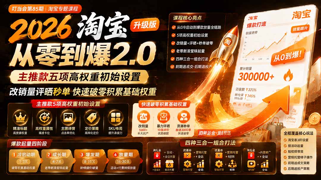 （19742期）2026淘宝从零到爆2.0第85期；主推款五项高权重初始设置，改销量评晒秒单快速破零积累基础权重-翌晨科技网