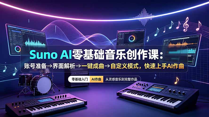 （19264期）Suno AI零基础音乐创作课：账号准备→界面解析→一键成曲→自定义模式，快速上手AI作曲-翌晨科技网