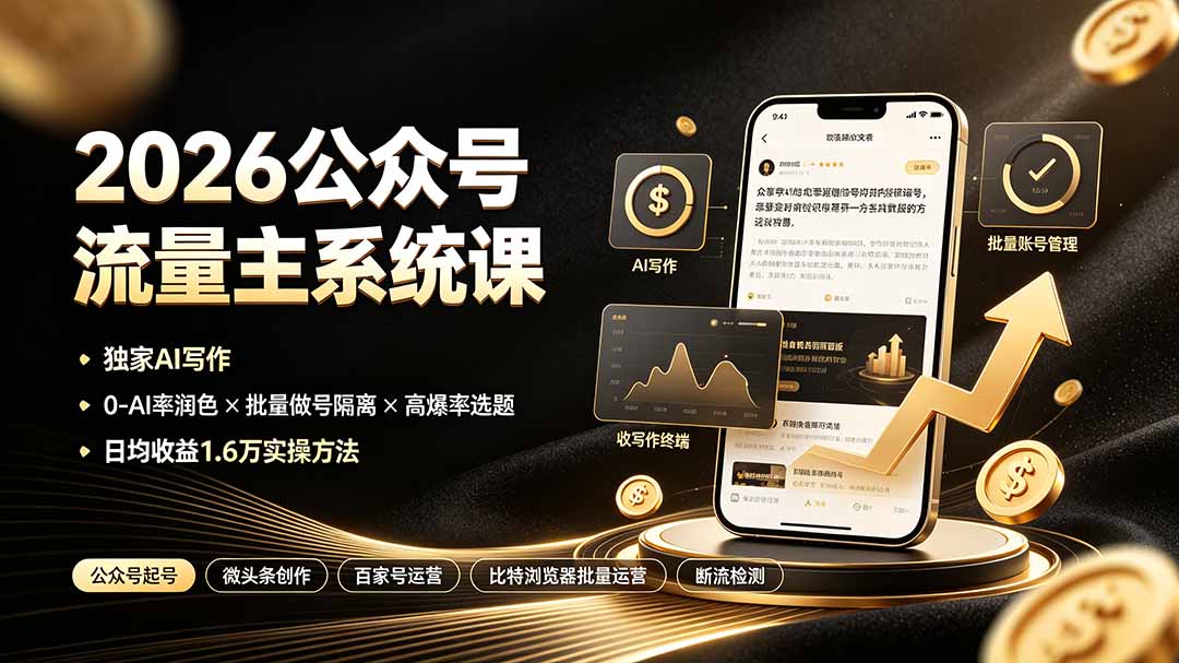 （19405期）2026公众号流量主系统课：独家AI写作×0-AI率润色×批量做号隔离×高爆率选题，日均收益1.6万实操方法-翌晨科技网