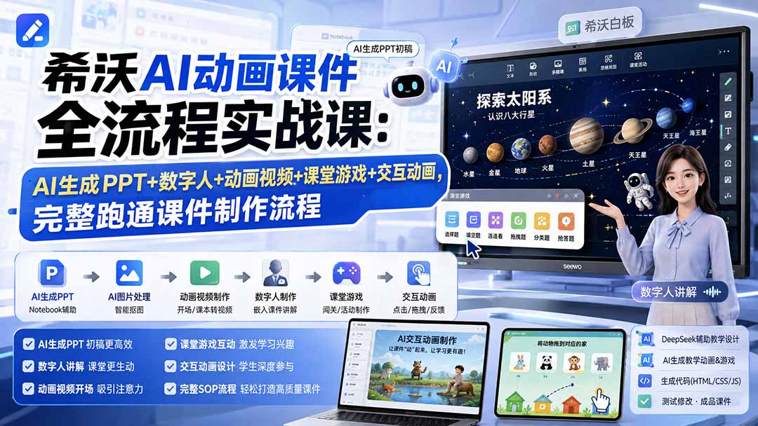 （19743期）希沃AI动画课件全流程实战课：AI生成PPT+数字人+动画视频+课堂游戏+交互动画，完整跑通课件制作流程-翌晨科技网