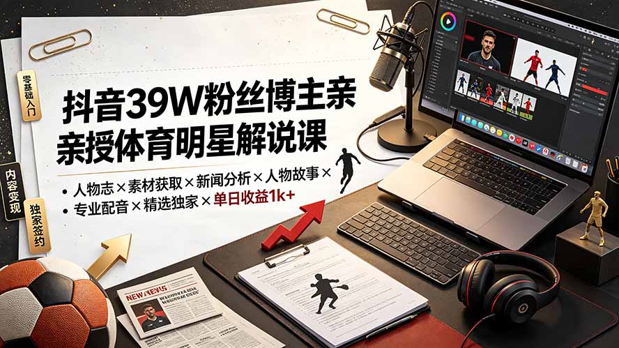 （19476期）抖音39W粉丝博主亲授体育明星解说课：人物志×素材获取×新闻分析×人物故事×专业配音×精选独家×单日收益1k+-翌晨科技网