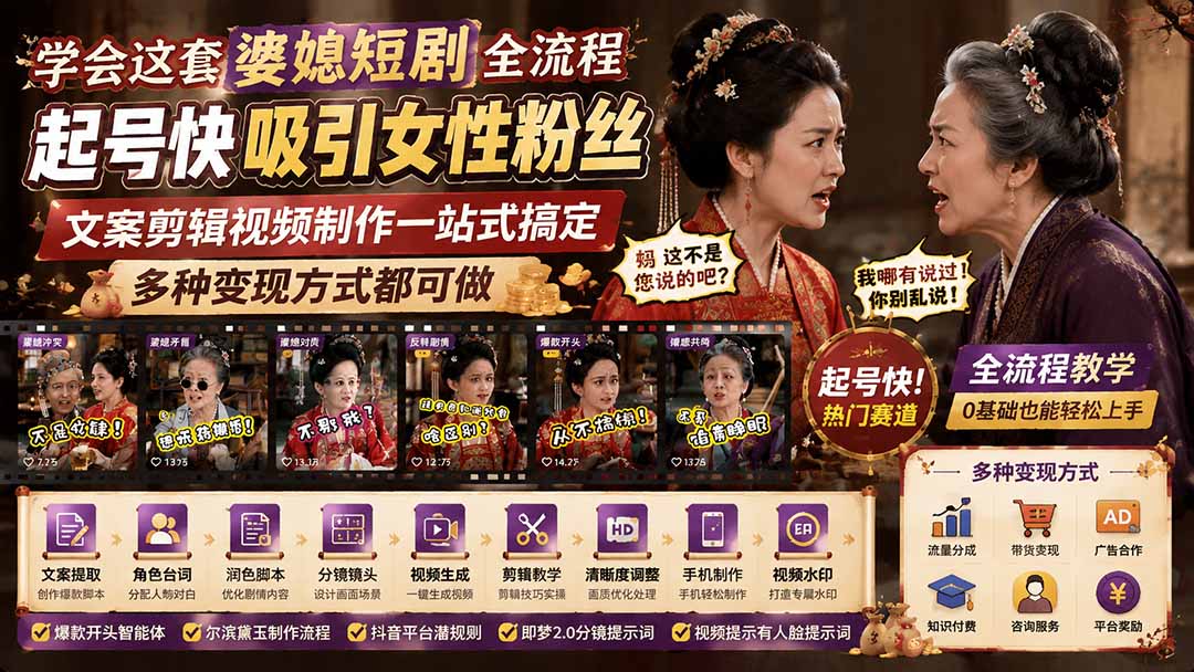 （19704期）学会这套婆媳短剧全流程：起号快吸引女性粉丝，文案剪辑视频制作一站式搞定，多种变现方式都可做-翌晨科技网