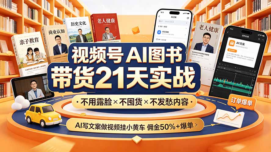 （19476期）视频号AI图书带货21天实战：不用露脸×不囤货×不发愁内容，AI写文案做视频挂小黄车，佣金50%+爆单-翌晨科技网