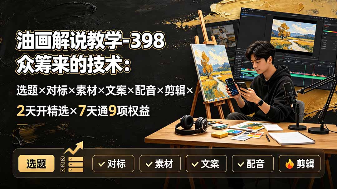 （19527期）油画解说教学-398众筹来的技术：选题×对标×素材×文案×配音×剪辑×2天开精选×7天通9项权益-翌晨科技网