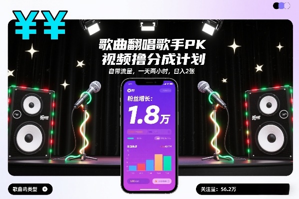 歌曲翻唱歌手PK视频撸分成计划，自带流量，一天两小时，日入2张-翌晨科技网