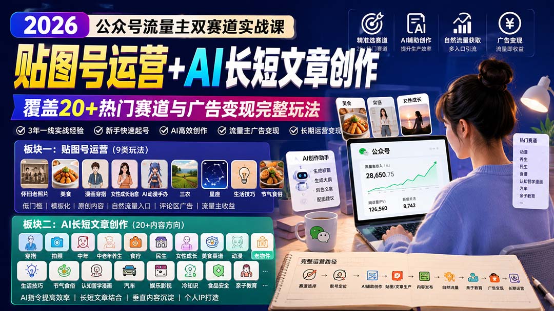 （20153期）公众号流量主双赛道实战课：贴图号运营+AI长短文章创作，覆盖20+热门赛道与广告变现完整玩法-翌晨科技网