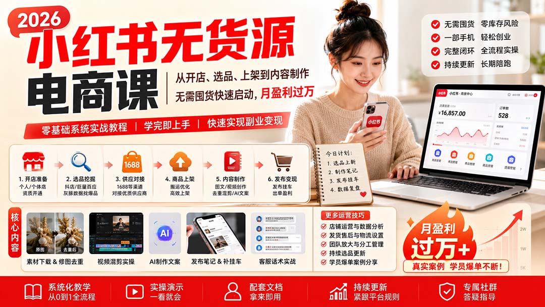 （20154期）小红书无货源电商课(8月30更新)：从开店、选品、上架到内容制作，无需囤货快速启动，月盈利过万-翌晨科技网