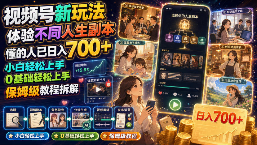 视频号新玩法体验不同人生副本,懂的人已日入700+,小白轻松上手,0基础轻松上手,保姆级教程拆解-翌晨科技网