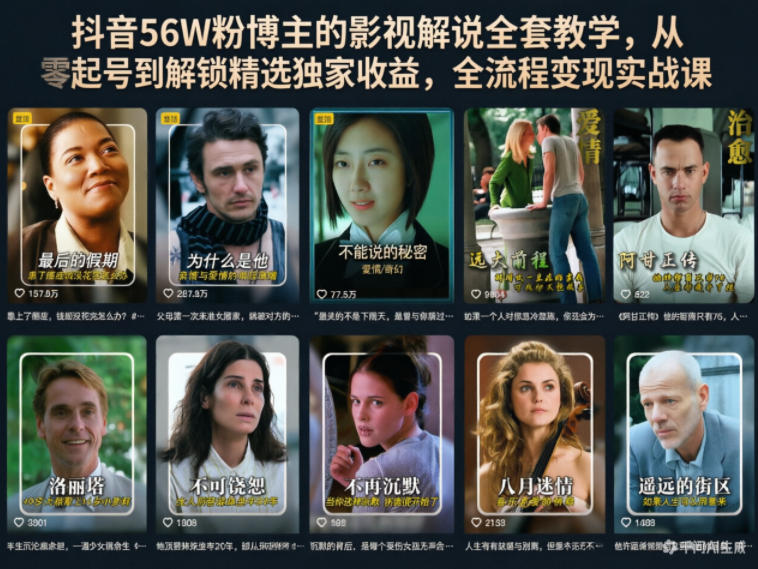 抖音56W粉博主的影视解说全套教学，从零起号到解锁精选独家收益，全流程变现实战课-翌晨科技网