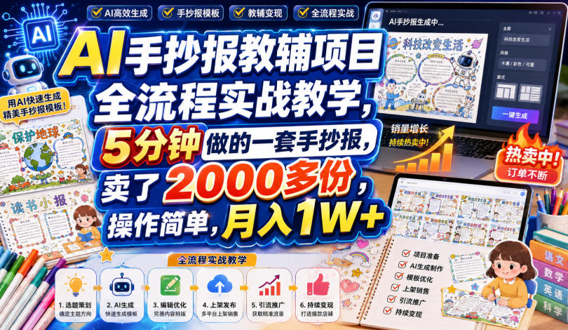 AI手抄报教辅项目全流程实战教学，5分钟做的一套手抄报，卖了2000多份，操作简单，月入1W+-翌晨科技网