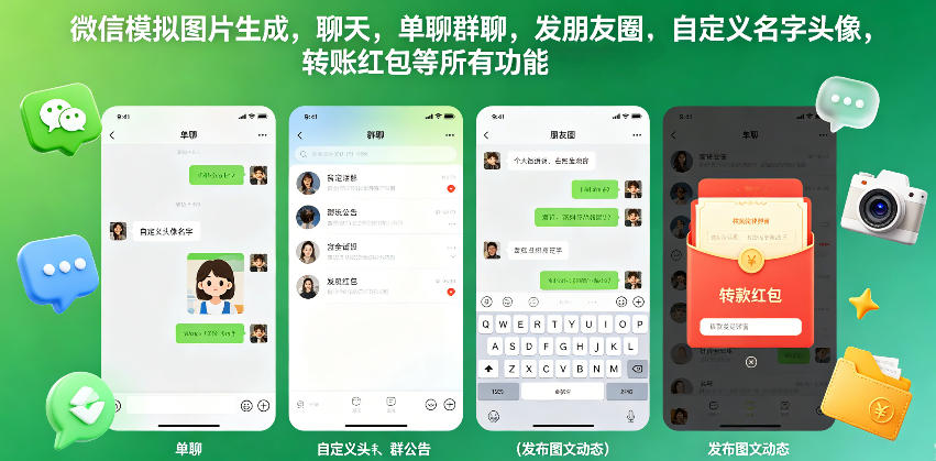 微信模拟图片生成，聊天，单聊群聊，发朋友圈，自定义名字头像，转账红包等所有功能都可以生成-翌晨科技网