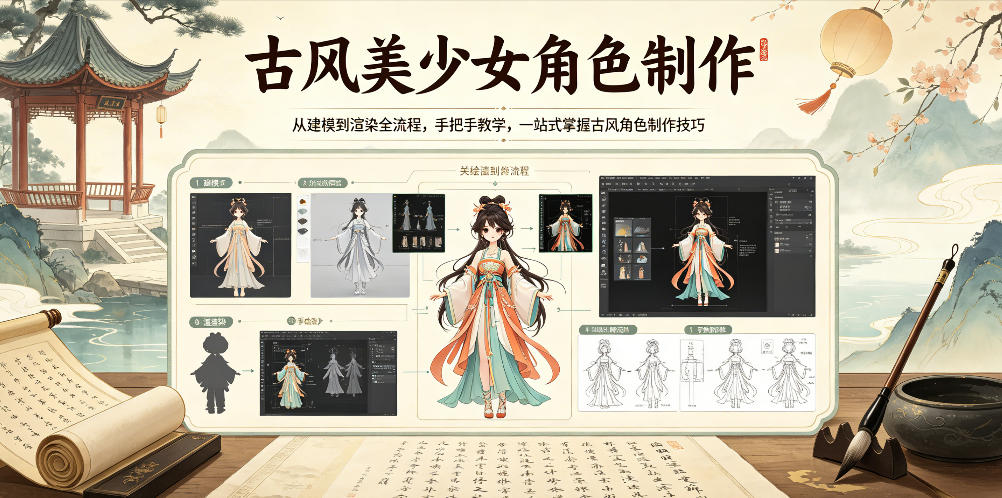 古风美少女角色制作，从建模到渲染全流程，手把手教学，一站式掌握古风角色制作技巧-翌晨科技网