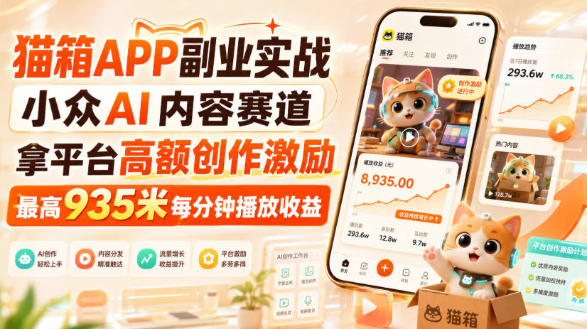 猫箱APP副业实战，小众AI内容赛道，拿平台高额创作激励，最高935米每分钟播放收益-翌晨科技网