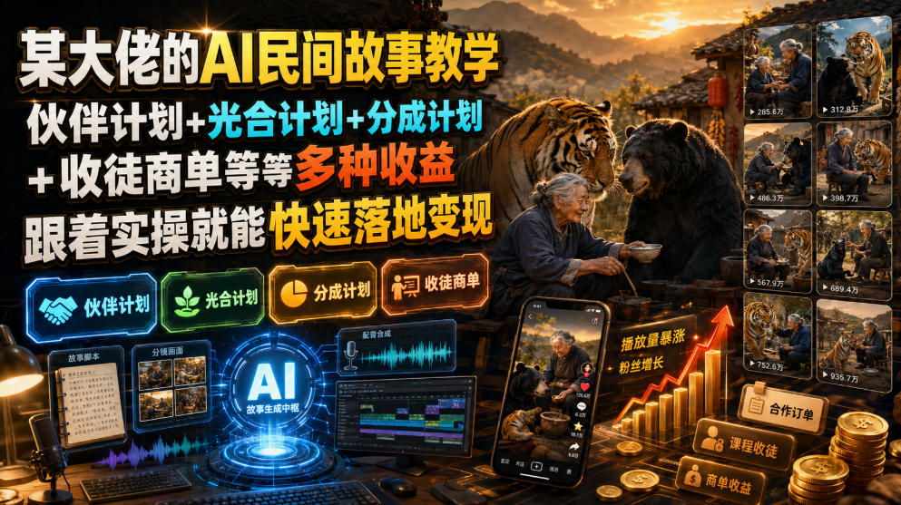 某大佬的AI民间故事教学，伙伴计划+光合计划+分成计划+收徒商单等多种收益，跟着实操就能快速落地变现-翌晨科技网