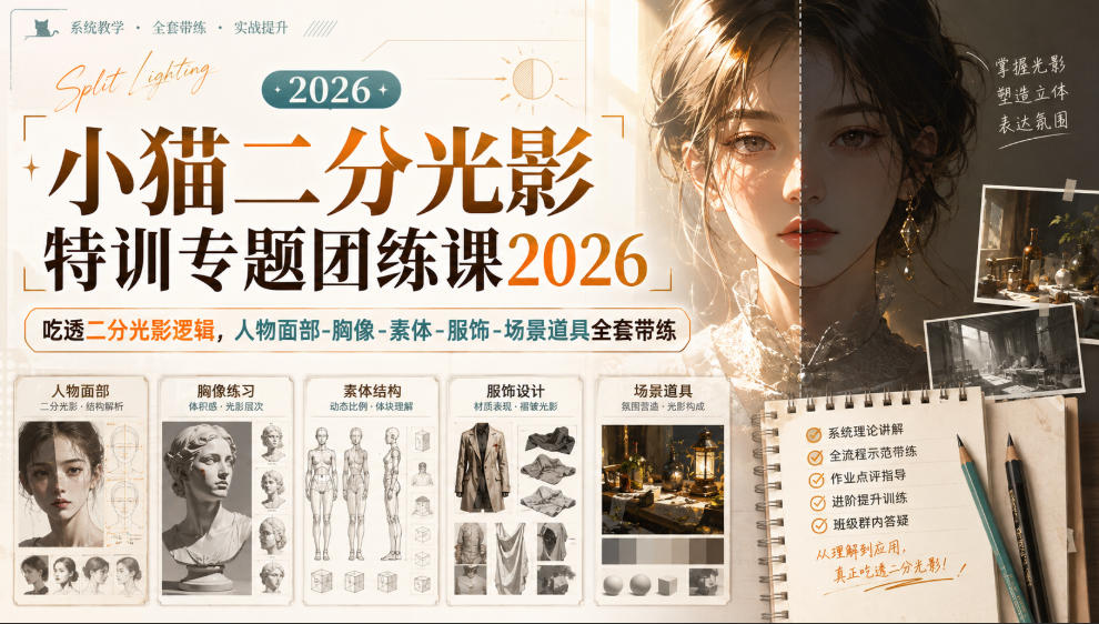 小猫二分光影特训专题团练课2026｜吃透二分光影逻辑，人物面部‑胸像‑素体‑服饰‑场景道具全套带练，高清画质附赠课件与笔刷-翌晨科技网