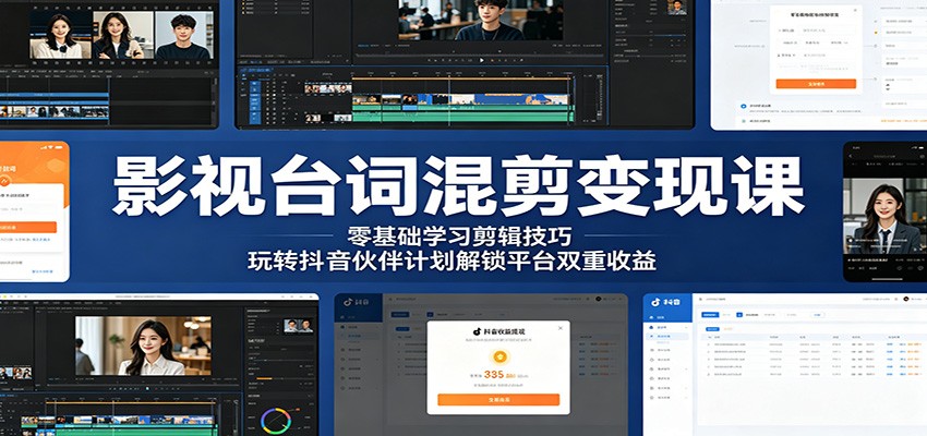 影视台词混剪变现课：零基础学习剪辑技巧，玩转抖音伙伴计划解锁平台双重收益-翌晨科技网