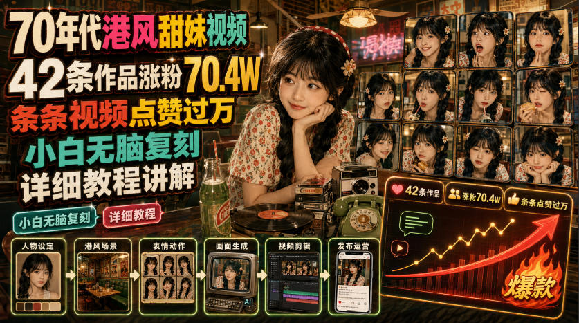 70年代港风甜妹视频,42条作品涨粉70.4W,条条视频点赞过万,小白无脑复刻,详细教程讲解-翌晨科技网