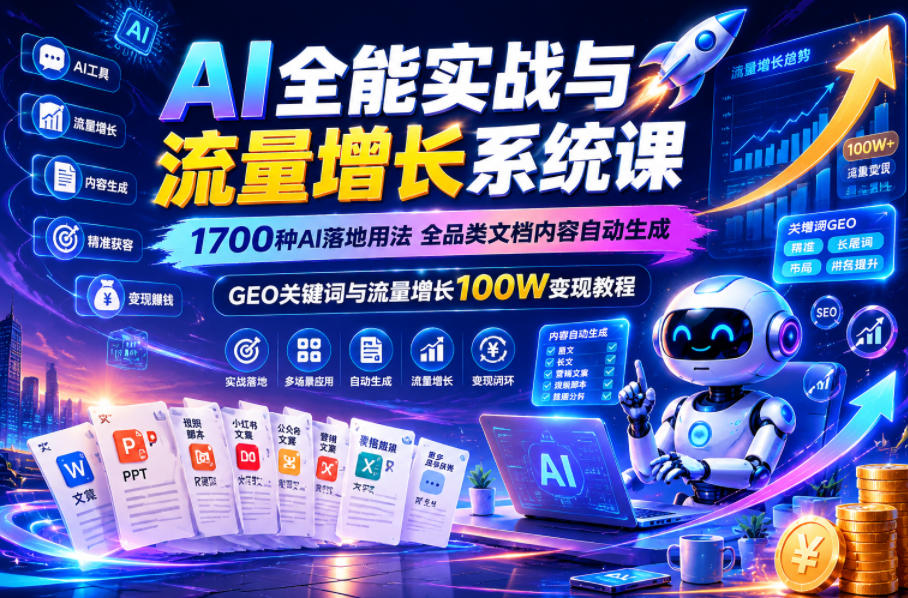 AI全能实战与流量增长系统课，1700种AI落地用法，全品类文档内容自动生成，GEO关键词与流量增长100W变现教程-翌晨科技网