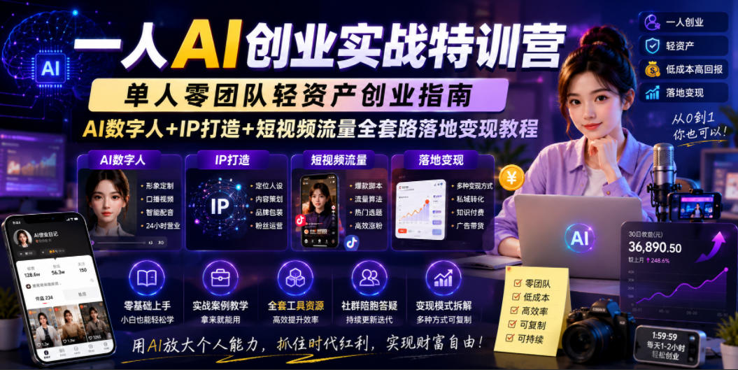 一人AI创业实战特训营，单人零团队轻资产创业指南，AI数字人+IP打造+短视频流量全套路落地变现教程-翌晨科技网