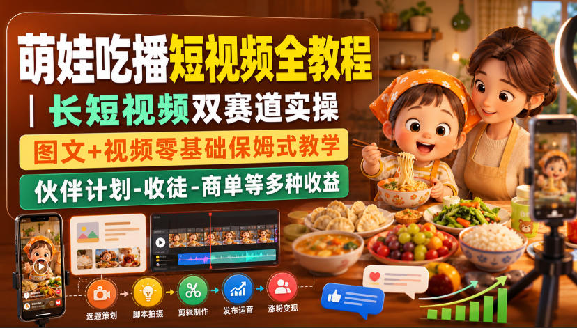 萌娃吃播短视频全教程｜长短视频双赛道实操，图文+视频零基础保姆式教学，伙伴计划-收徒-商单等多种变现方式-翌晨科技网
