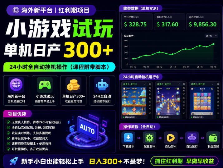 海外新平台，小游戏试玩，单机日产300+，24小时全自动挂G操作（课程附带脚本）【揭秘】-翌晨科技网