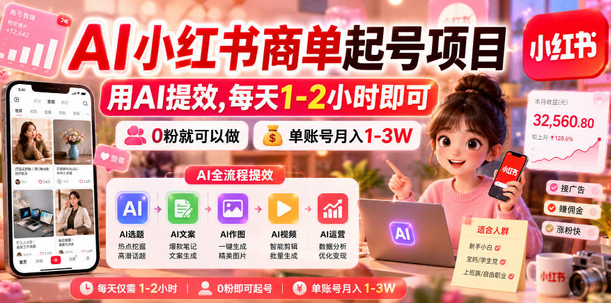 AI小红书商单起号项目，用AI提效,每天1-2小时即可，0粉就可以做，单账号月入1-3W-翌晨科技网