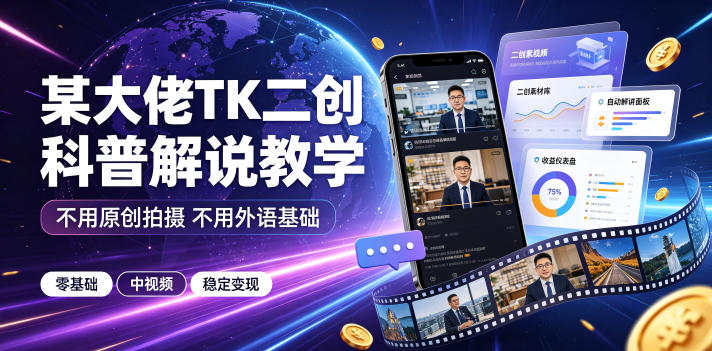 某大佬TK二创科普解说教学,不用原创拍摄不用外语基础,零基础做TikTok中视频稳定变现-翌晨科技网