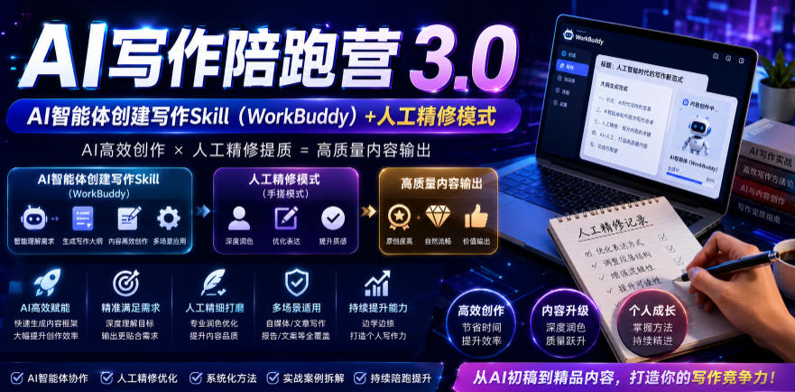 AI写作陪跑营3.0，Ai智能体创建写作skill（workbuddy）+人工手写模式（手搓模式），去除AI痕迹（头条号、公众号、百家号）-翌晨科技网