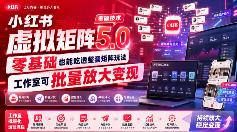 小红书虚拟矩阵5.0重磅技术，零基础也能吃透整套矩阵玩法，工作室可批量放大变现-翌晨科技网