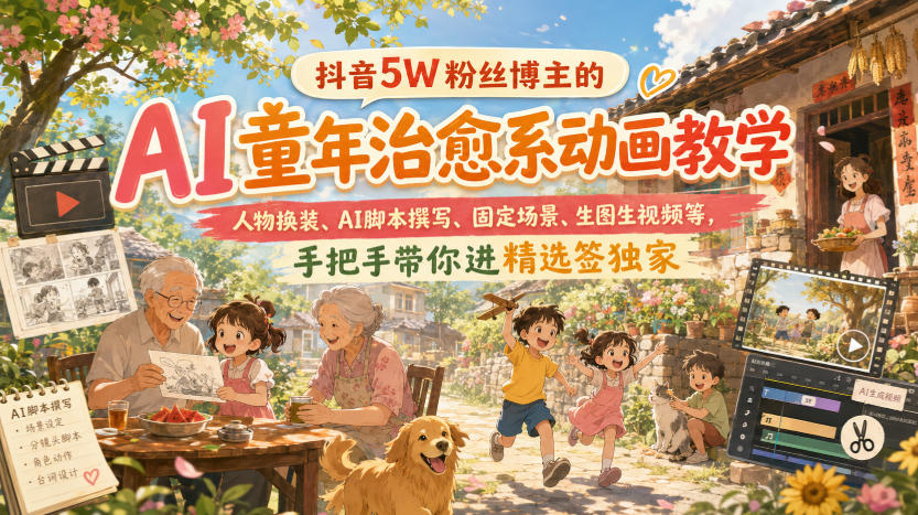 抖音5W粉丝博主的AI童年治愈系动画教学，人物换装、AI脚本撰写、固定场景、生图生视频等，手把手带你进精选签独家-翌晨科技网