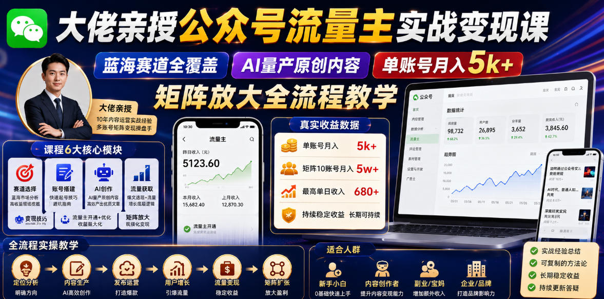 大佬亲授公众号流量主实战变现课，蓝海赛道全覆盖，AI量产原创内容，单账号月入5k+矩阵放大全流程教学-翌晨科技网