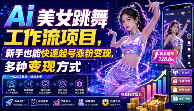 Ai美女跳舞工作流项目，新手也能快速起号涨粉变现，多种变现方式-翌晨科技网