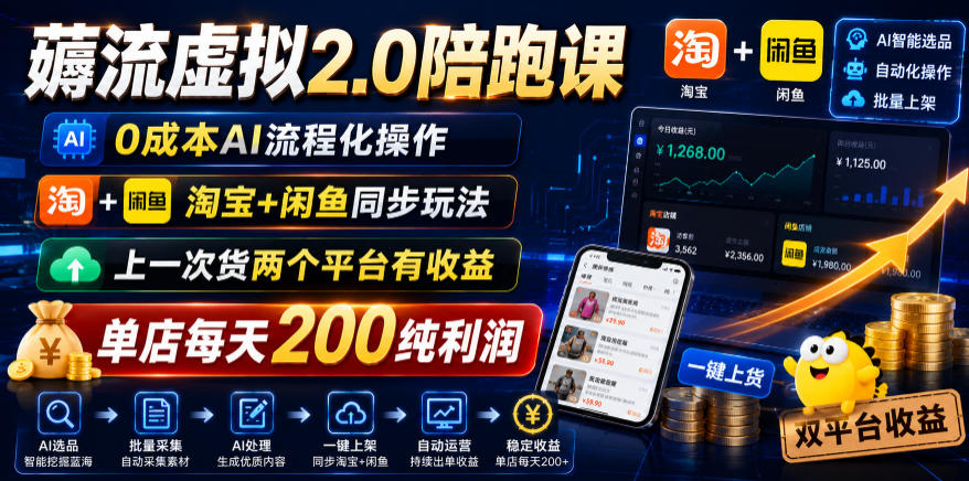 薅流虚拟2.0陪跑课，0成本AI流程化操作，淘宝+闲鱼同步玩法，上一次货两个平台有收益，单店每天200纯利润-翌晨科技网