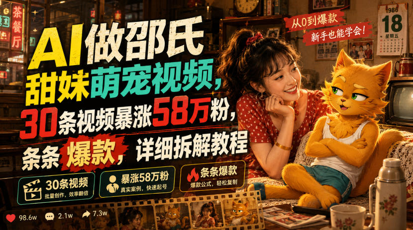 AI做邵氏甜妹萌宠视频，30条视频暴涨58万粉，条条爆款，详细拆解教程-翌晨科技网