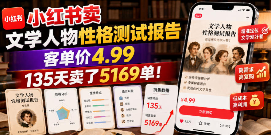 小红书卖文学人物性格测试报告，客单价4.99，135天卖了5169单！-翌晨科技网