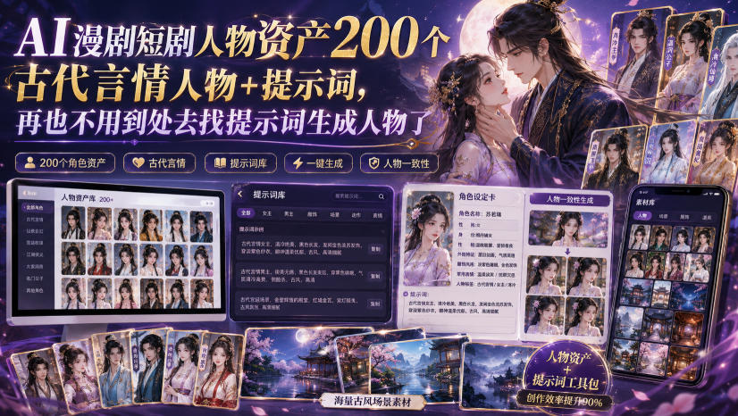 AI漫剧短剧人物资产200个古代言情人物+提示词，再也不用到处去找提示词生成人物了-翌晨科技网