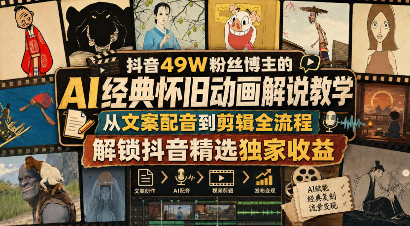 抖音49W粉丝博主的AI经典怀旧动画解说教学，从文案配音到剪辑全流程，解锁抖音精选独家收益-翌晨科技网