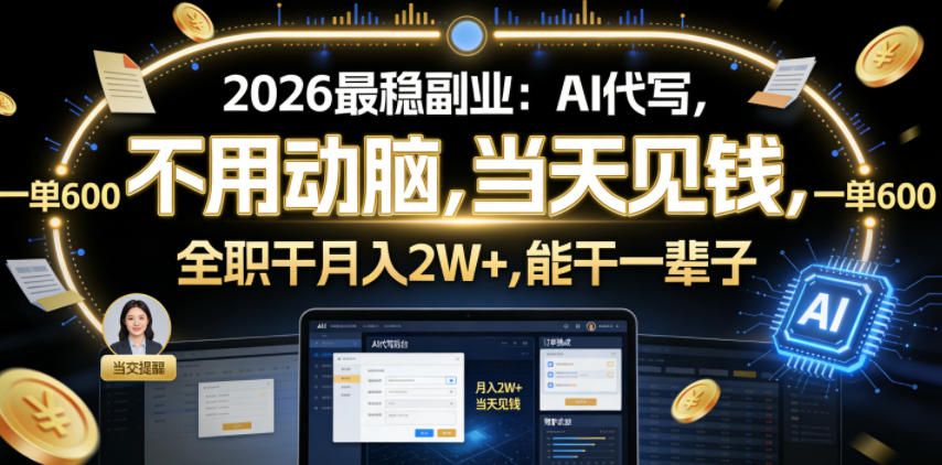 2026最稳副业：AI代写，不用动脑，当天见钱，一单600，全职干月入2W+，能干一辈子【揭秘】-翌晨科技网