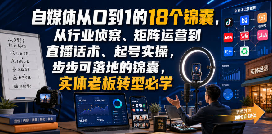 自媒体从0到1的18个锦囊，从行业侦察、矩阵运营到直播话术、起号实操，步步可落地的锦囊，实体老板转型必学-翌晨科技网