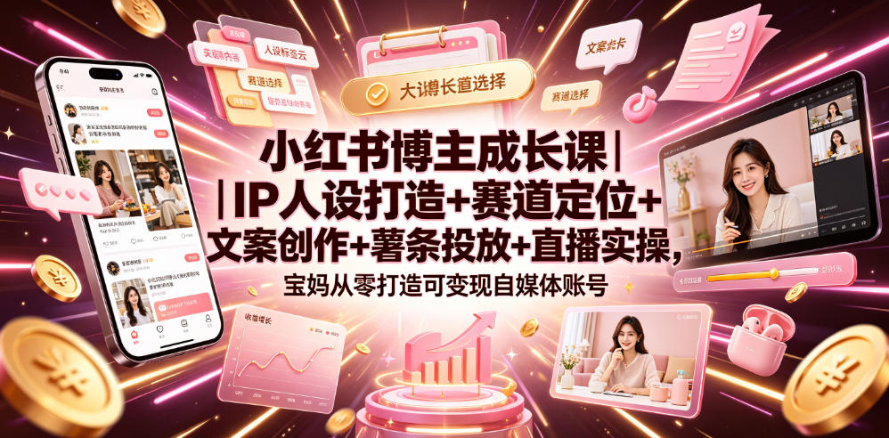 小红书博主成长课｜IP人设打造+赛道定位+文案创作+薯条投放+直播实操，宝妈从零打造可变现自媒体账号-翌晨科技网