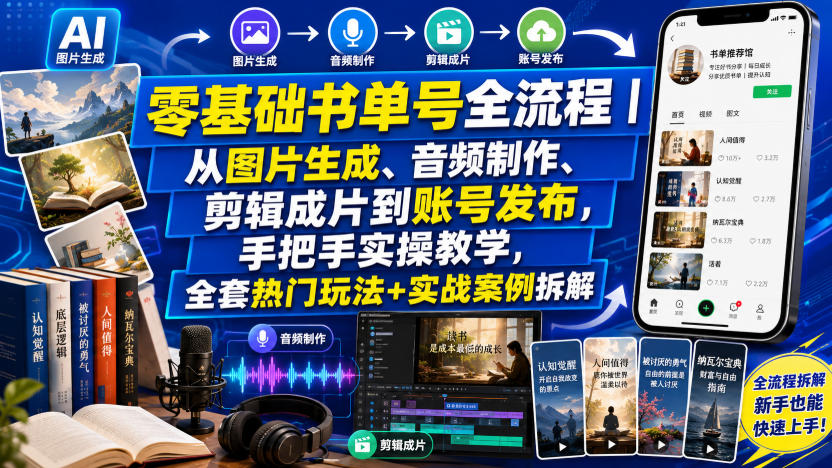 零基础书单号全流程｜从图片生成、音频制作、剪辑成片到账号发布，手把手实操教学，全套热门玩法+实战案例拆解-翌晨科技网