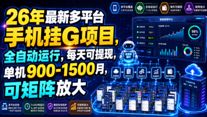 26年最新多平台手机挂G项目，全自动运行，每天可提现，单机900-1500月，可矩阵放大【揭秘】-翌晨科技网