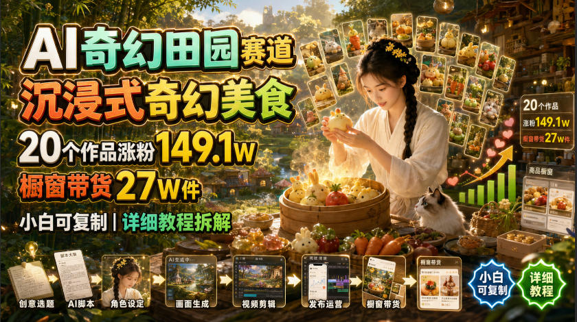 AI奇幻田园赛道,沉浸式奇幻美食,20个作品涨粉149.1W,橱窗带货27W件,小白可复制,详细教程拆解-翌晨科技网