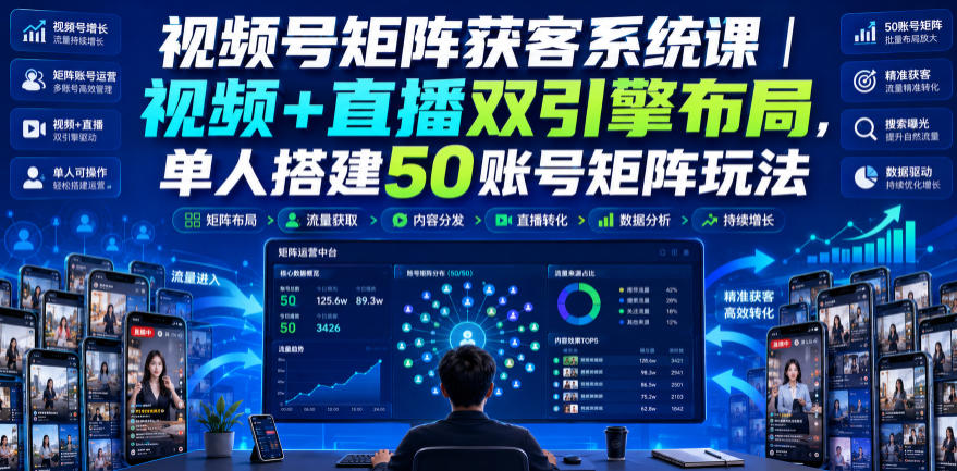 视频号矩阵获客系统课｜视频+直播双引擎布局，单人搭建50账号矩阵玩法，流量入池、搜索占位、全域引流沉淀私域全流程教学-翌晨科技网